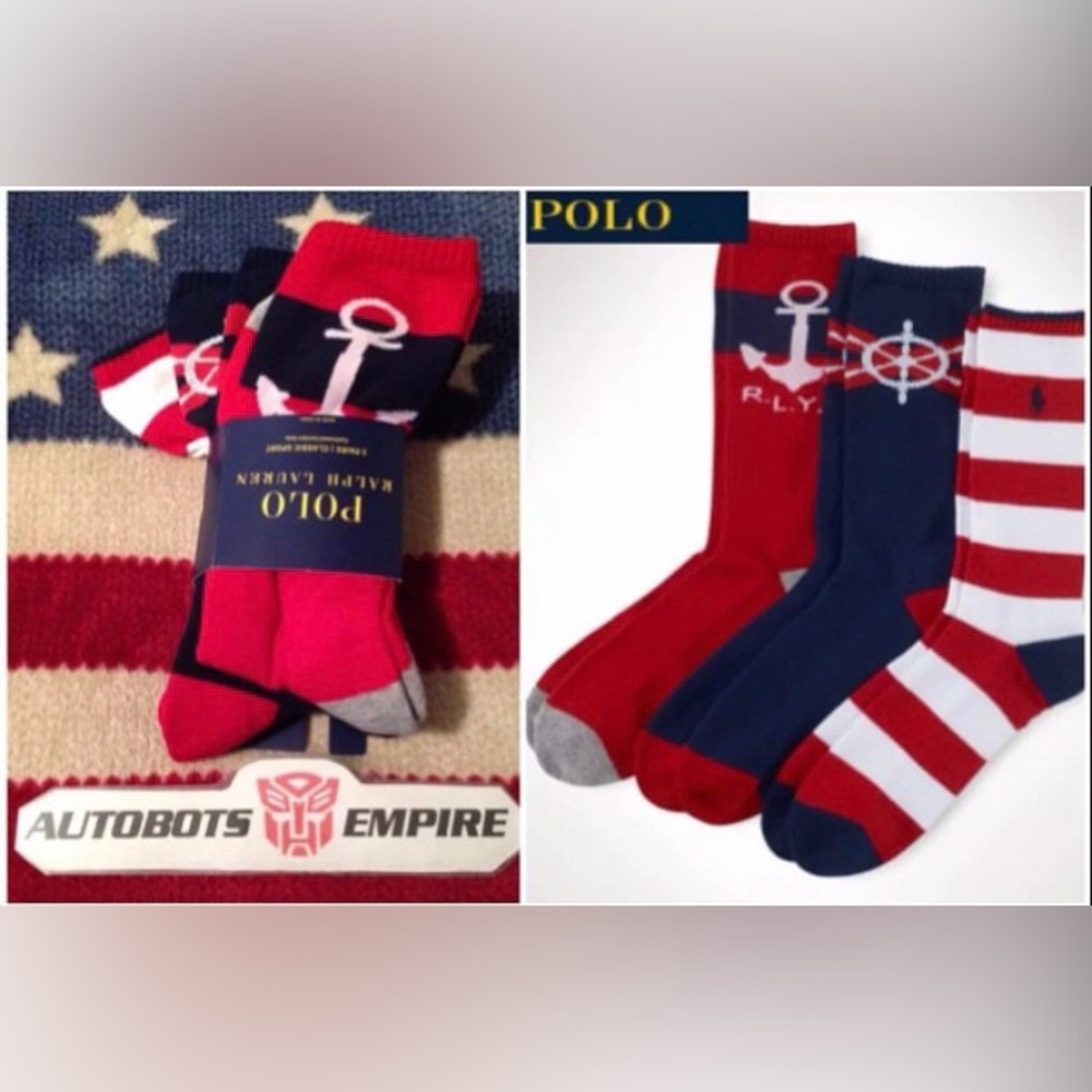 Vintage Ralph Lauren Polo ANCHOR YACHT STRIPE Rugby 3 Pack Socks L Sail Rlpc rlx